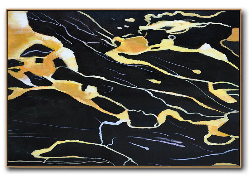 Extra Large Painting,Hand Painted Oversized Horizontal Abstract Marble Art On Canvas,Modern Canvas Art Earthy Yellow ,Black,White